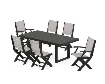 POLYWOOD® Coastal Folding Chair 7-Piece Dining Set with Trestle Legs in Black / Parchment Sling