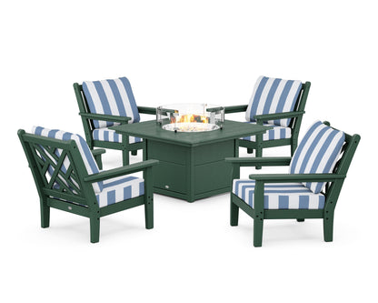 POLYWOOD® Chippendale 5-Piece Deep Seating Set with Fire Pit Table in Green / Cabana Stripe Sky Blue