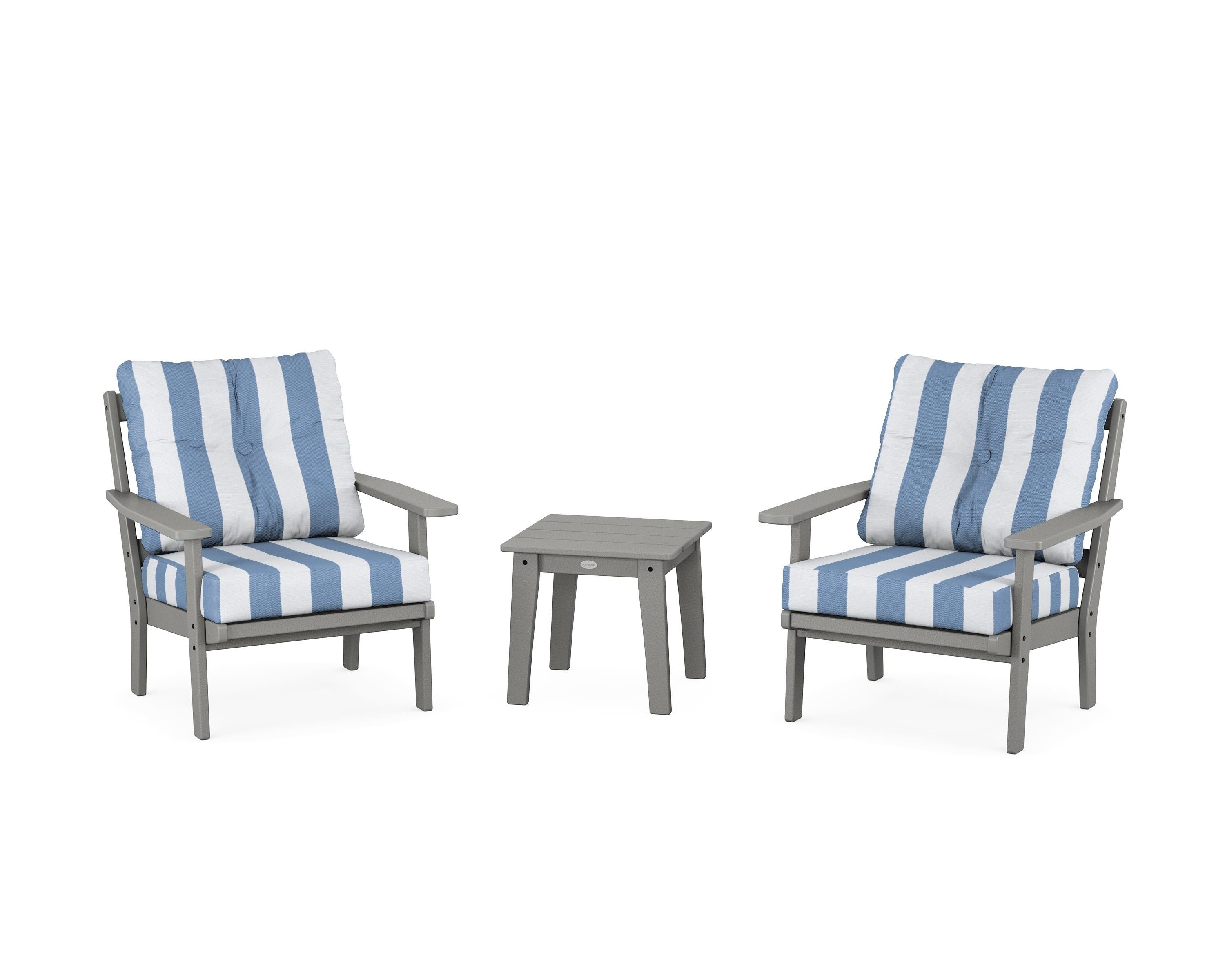 POLYWOOD® Prairie 3-Piece Deep Seating Set in Slate Grey / Cabana Stripe Sky Blue