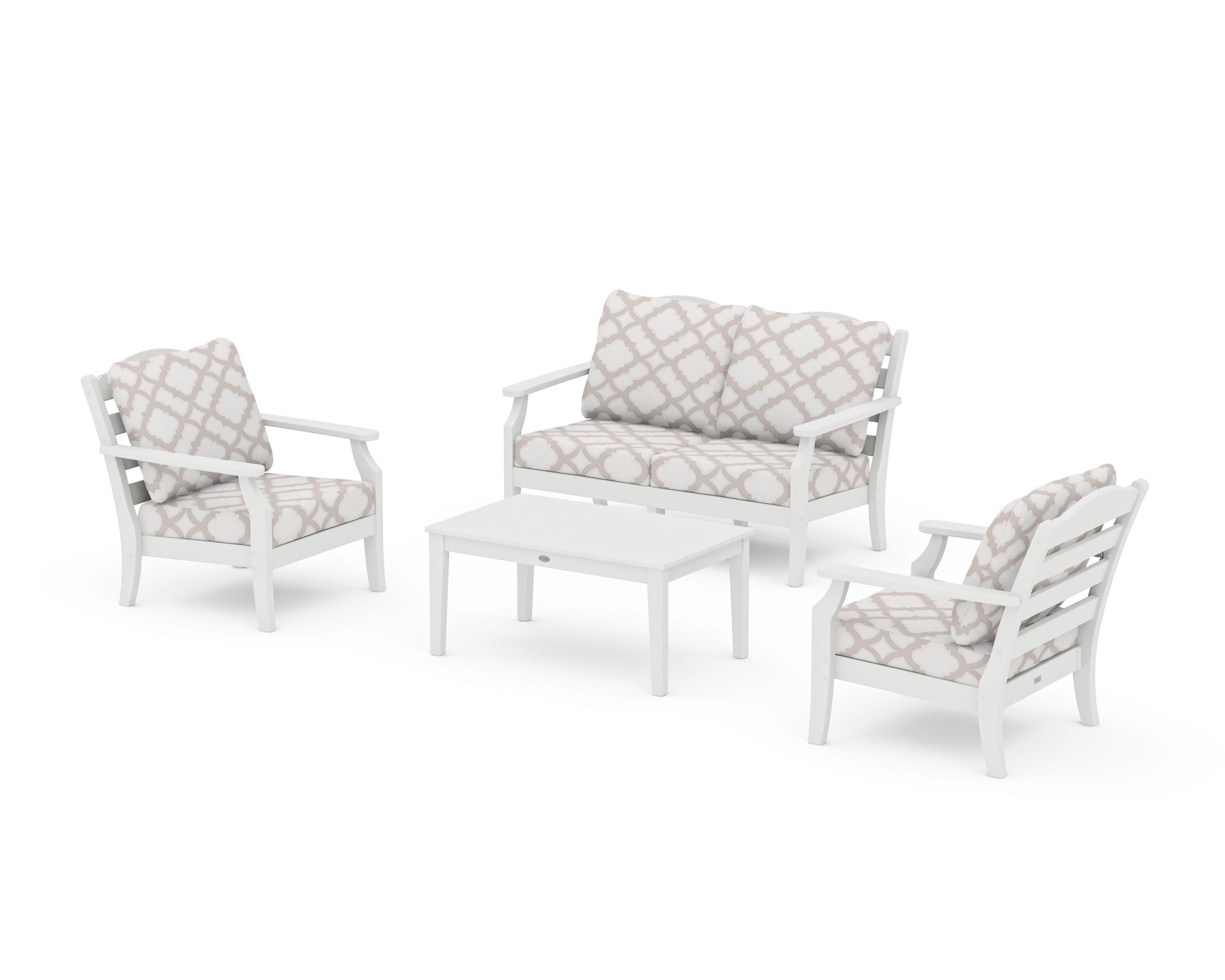 Draper James™ by  POLYWOOD® Savannah 4-Piece Deep Seating Set with Loveseat in White / Trellis Dune Burlap