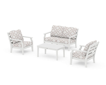 Draper James™ by  POLYWOOD® Savannah 4-Piece Deep Seating Set with Loveseat in White / Trellis Dune Burlap