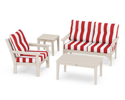 POLYWOOD® Vineyard 4-Piece Deep Seating Set in Sand / Cabana Stripe Crimson