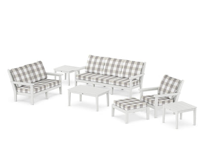 POLYWOOD® Chippendale 7-Piece Deep Seating Set in White / Buffalo Plaid Grey Mist
