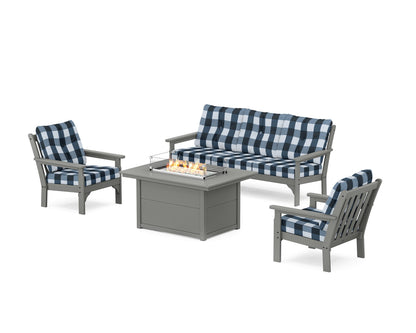 POLYWOOD® Vineyard Deep Seating Fire Pit Table Set in Slate Grey / Buffalo Plaid Marine Indigo