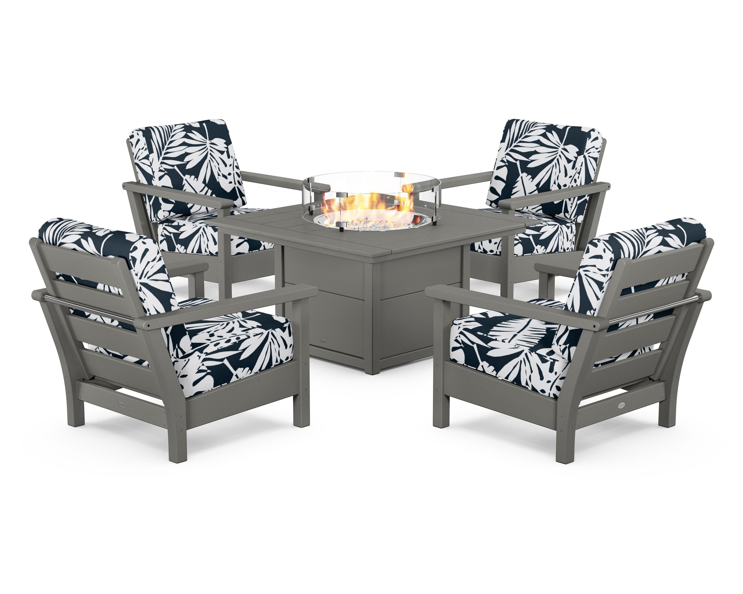 POLYWOOD® Harbour 5-Piece Conversation Set with Fire Pit Table in Slate Grey / Leaf Marine Indigo