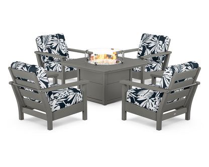 POLYWOOD® Harbour 5-Piece Conversation Set with Fire Pit Table in Slate Grey / Leaf Marine Indigo