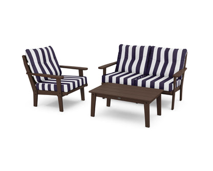 POLYWOOD® Lakeside 3-Piece Deep Seating Set in Mahogany / Cabana Stripe Navy
