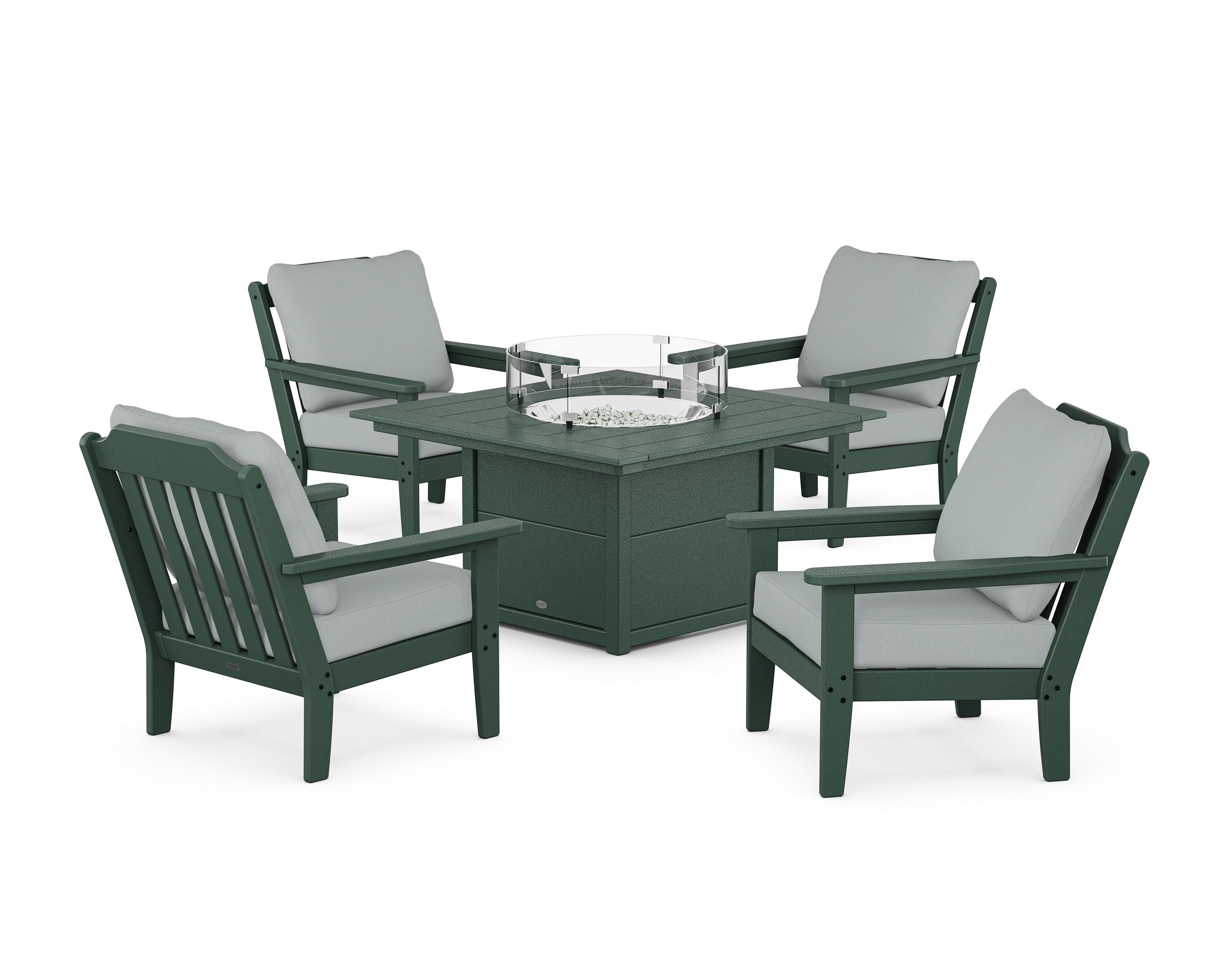 Country Living Cottage 5-Piece Deep Seating Set with Fire Pit Table in Green / Spa