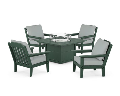 Country Living Cottage 5-Piece Deep Seating Set with Fire Pit Table in Green / Spa