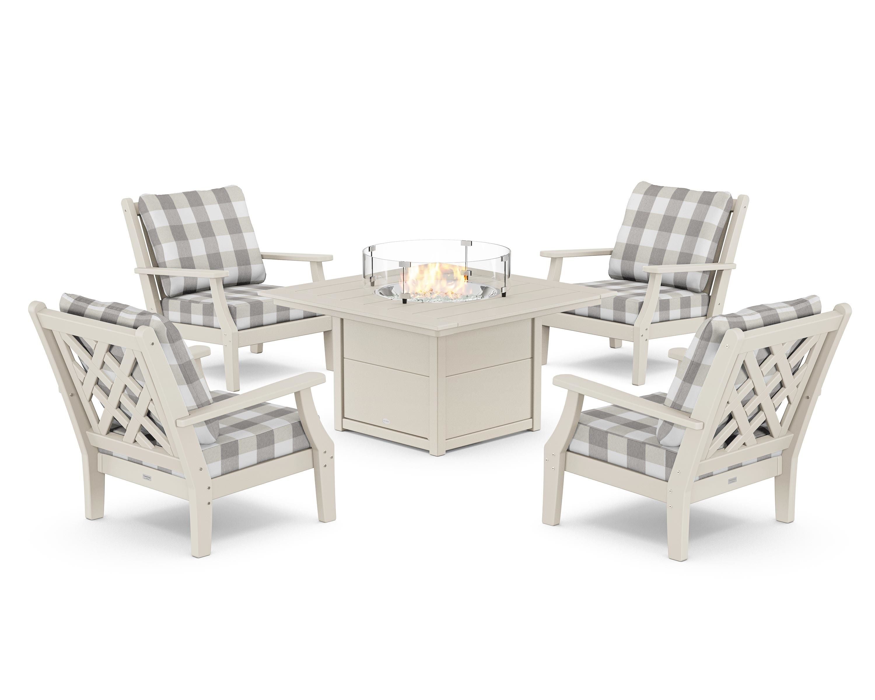 Country Living Wovendale 5-Piece Deep Seating Set with Fire Pit Table in Sand / Buffalo Plaid Grey Mist
