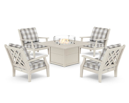 Country Living Wovendale 5-Piece Deep Seating Set with Fire Pit Table in Sand / Buffalo Plaid Grey Mist