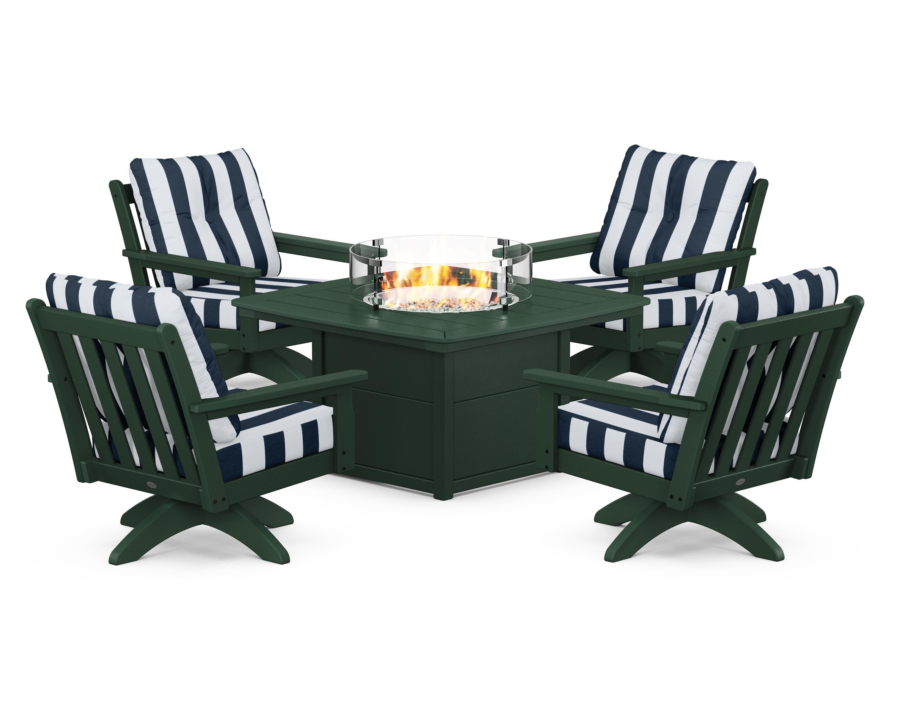 POLYWOOD® Vineyard 5-Piece Deep Seating Swivel Conversation Set with Fire Pit Table in Green / Cabana Stripe Marine Indigo