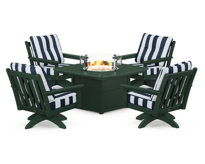 POLYWOOD® Vineyard 5-Piece Deep Seating Swivel Conversation Set with Fire Pit Table in Green / Cabana Stripe Marine Indigo