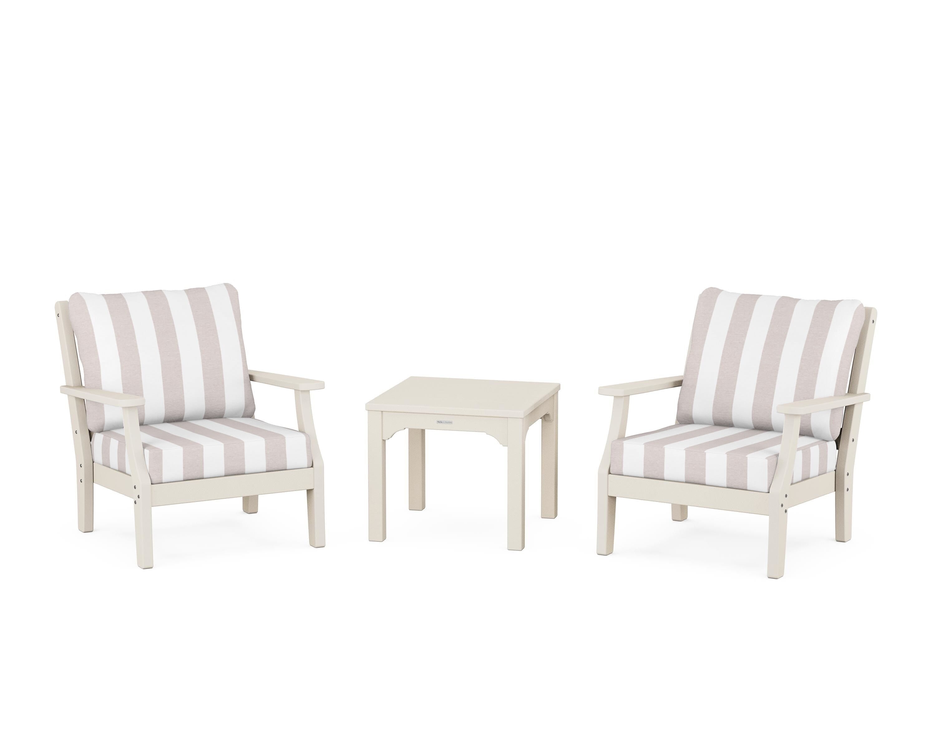 Martha Stewart by POLYWOOD® Chinoiserie 3-Piece Deep Seating Set in Sand / Cabana Stripe Dune Burlap