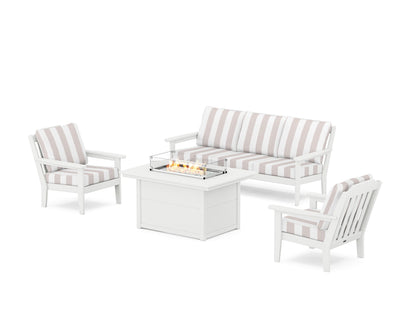 Country Living Cottage Deep Seating Fire Pit Table Set in White / Cabana Stripe Dune Burlap