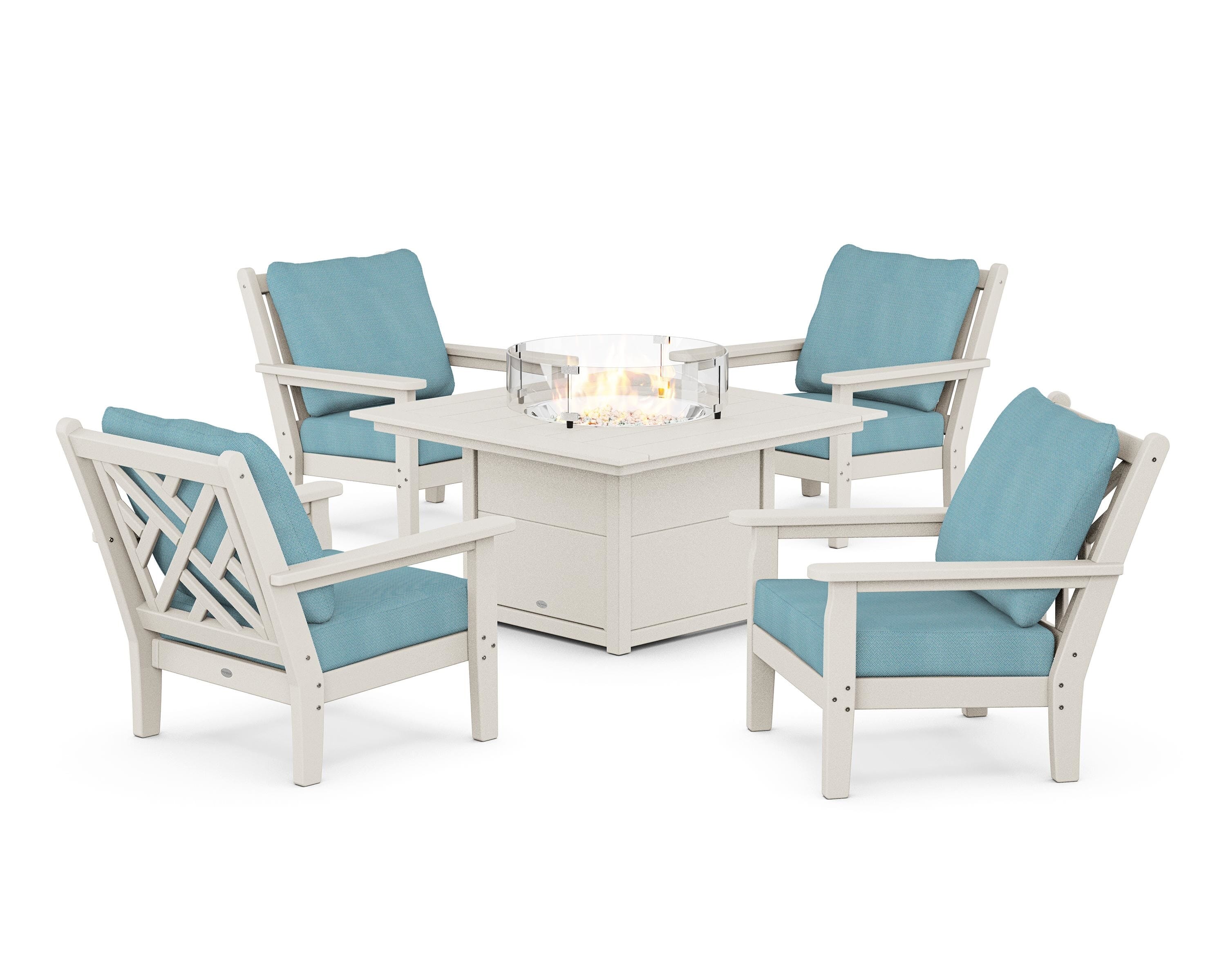 POLYWOOD® Chippendale 5-Piece Deep Seating Set with Fire Pit Table in Sand / Lattice Sky Blue