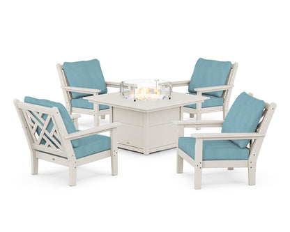 POLYWOOD® Chippendale 5-Piece Deep Seating Set with Fire Pit Table in Sand / Lattice Sky Blue