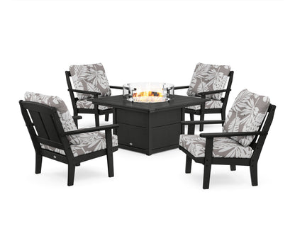 POLYWOOD® Mission 5-Piece Deep Seating Set with Fire Pit Table in Black / Leaf Grey Mist