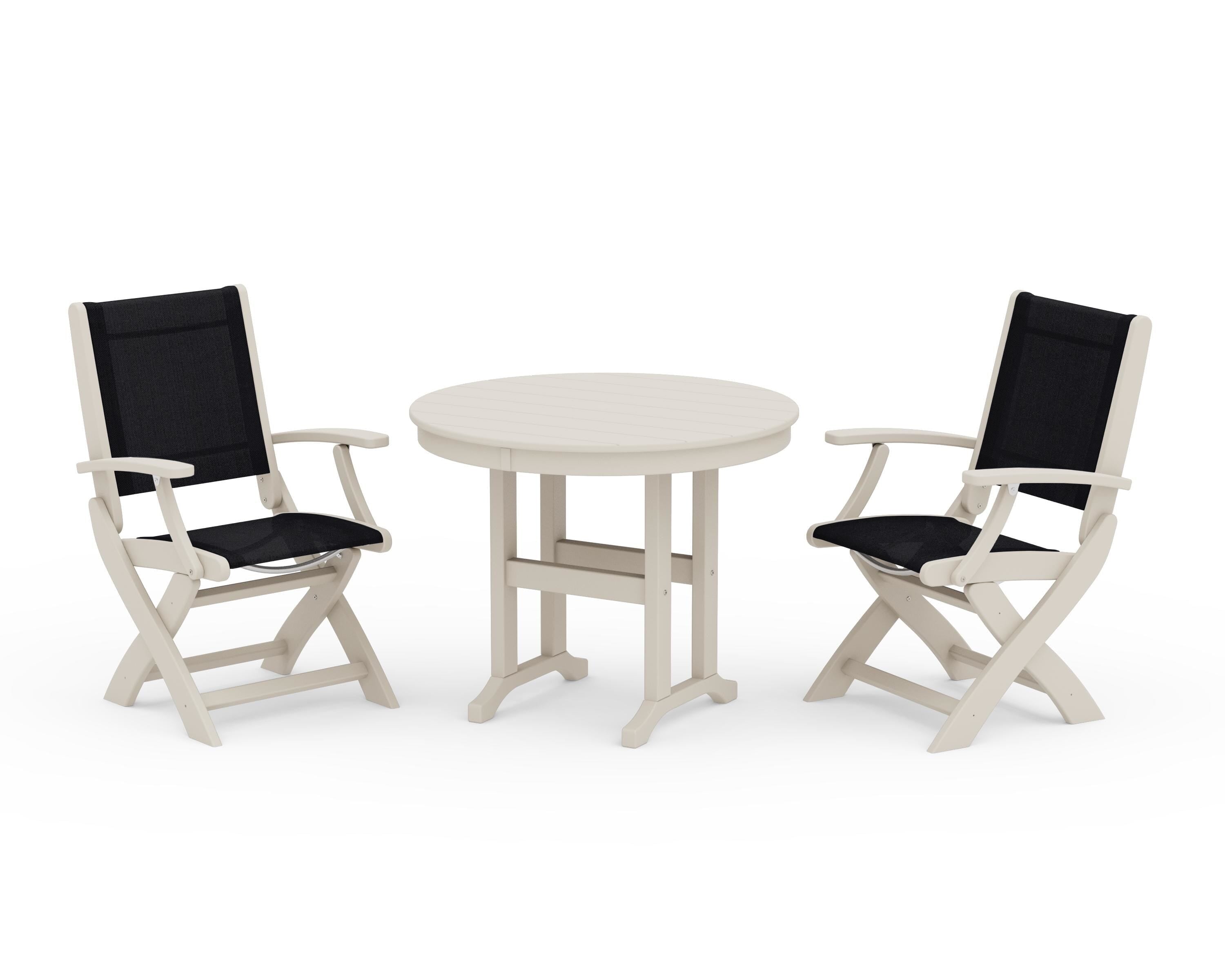POLYWOOD® Coastal Folding Chair 3-Piece Round Dining Set in Sand / Black Sling