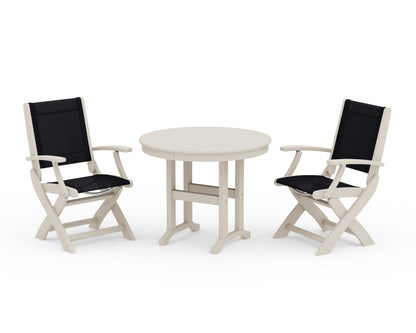 POLYWOOD® Coastal Folding Chair 3-Piece Round Dining Set in Sand / Black Sling