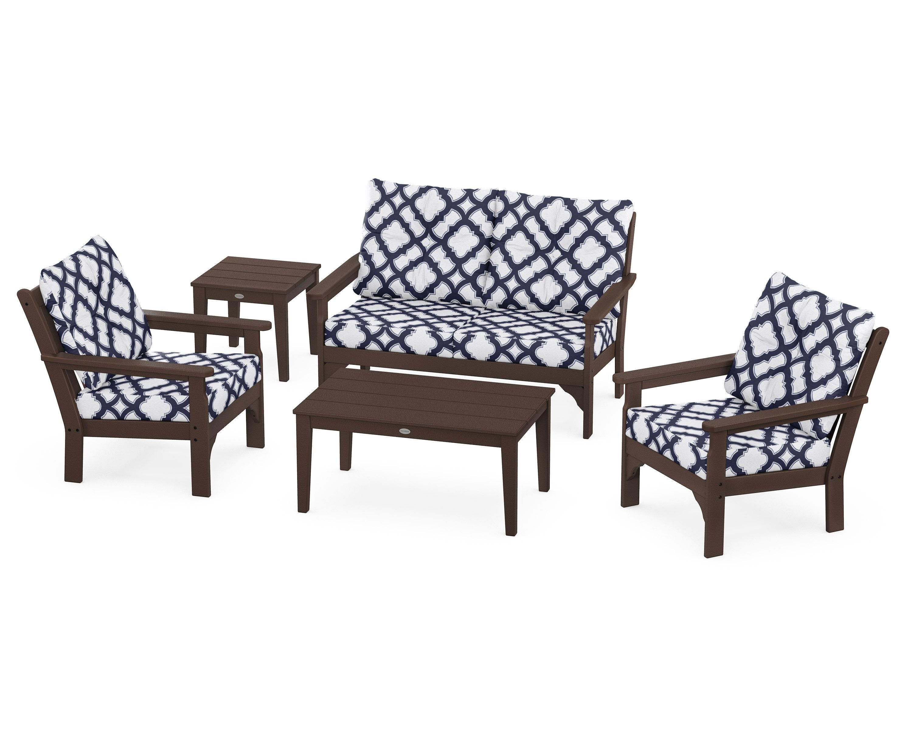 POLYWOOD® Vineyard 5-Piece Deep Seating Set in Mahogany / Trellis Navy