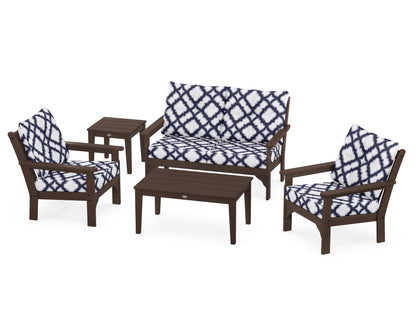 POLYWOOD® Vineyard 5-Piece Deep Seating Set in Mahogany / Trellis Navy