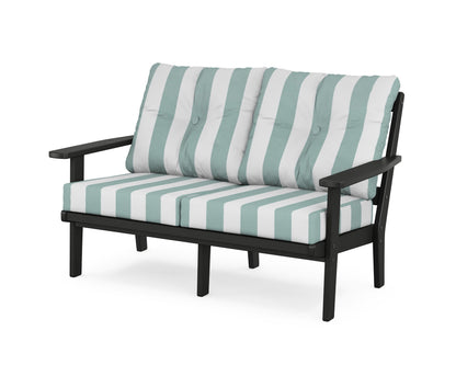 POLYWOOD® Oxford Deep Seating Loveseat in Black / Cabana Stripe Glacier Spa