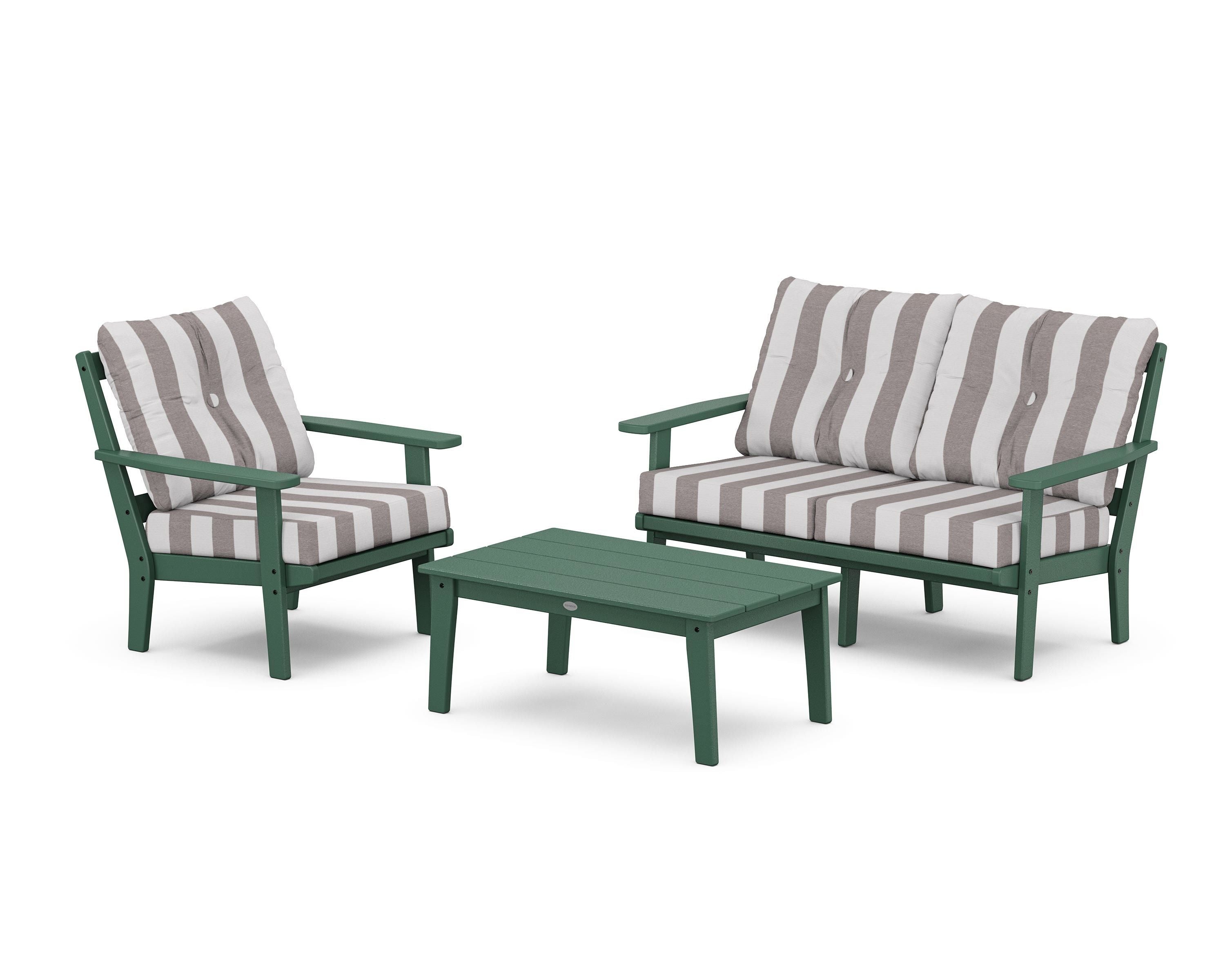 POLYWOOD® Oxford 3-Piece Deep Seating Set with Loveseat in Green / Cabana Stripe Grey Mist