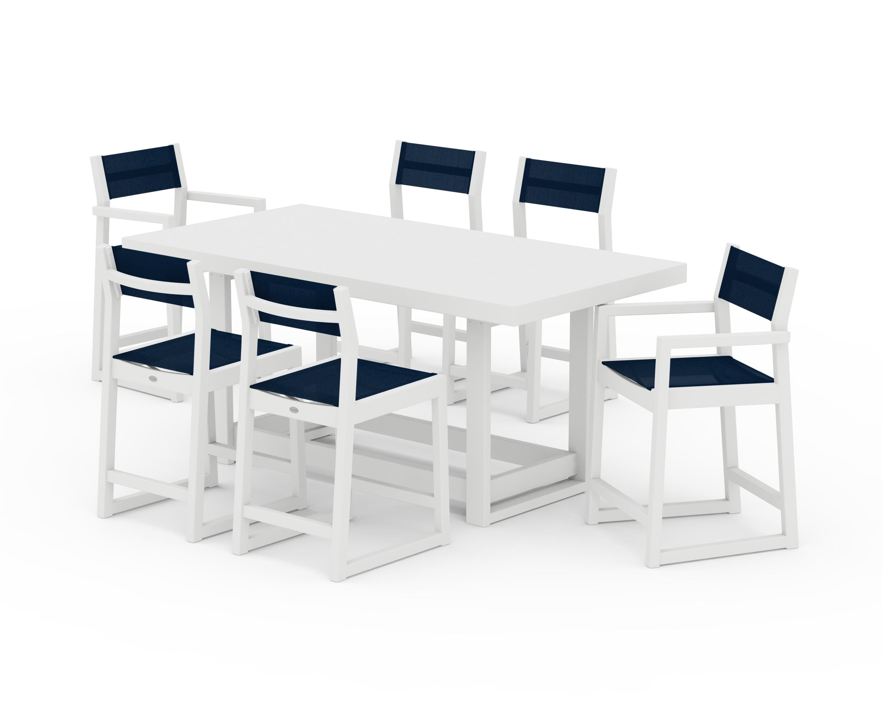POLYWOOD® EDGE Sling 7-Piece Counter Table Set in White / Navy Blue Sling