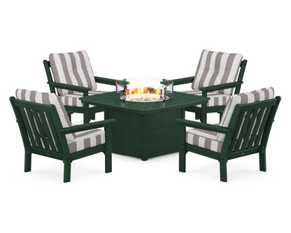 POLYWOOD® Vineyard 5-Piece Conversation Set with Fire Pit Table in Green / Cabana Stripe Grey Mist