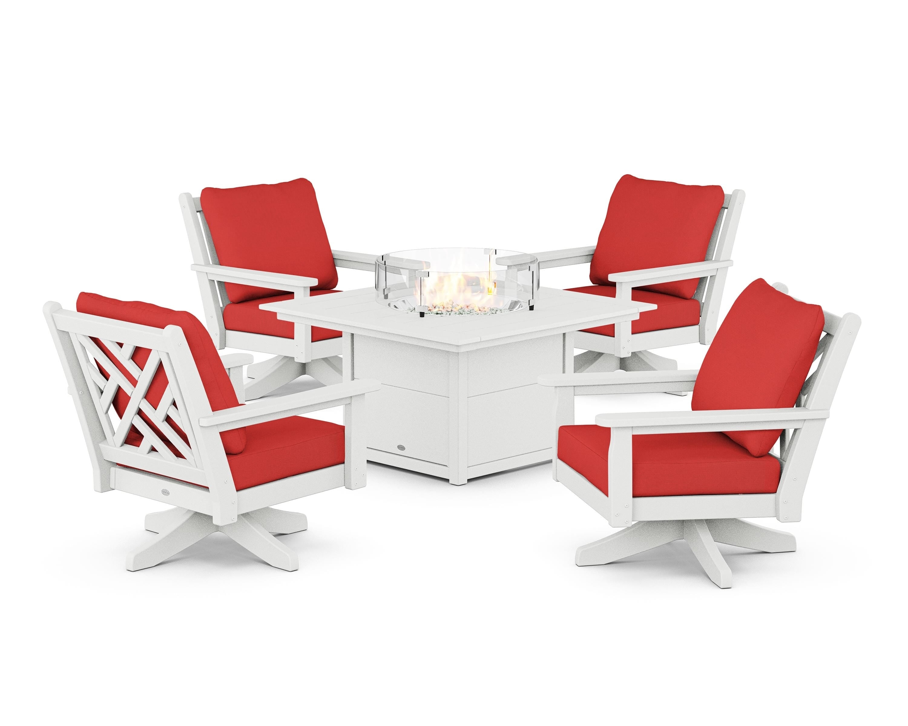 POLYWOOD® Chippendale 5-Piece Deep Seating Swivel Conversation Set with Fire Pit Table in White / Crimson Linen