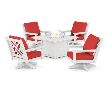 POLYWOOD® Chippendale 5-Piece Deep Seating Swivel Conversation Set with Fire Pit Table in White / Crimson Linen