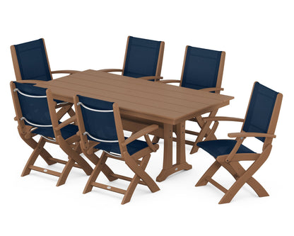 POLYWOOD® Coastal Folding Arm Chair 7-Piece Farmhouse Dining Set with Trestle Legs in Teak / Navy Blue Sling