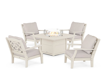 Martha Stewart by POLYWOOD® Chinoiserie 5-Piece Deep Seating Set with Fire Pit Table in Sand / Dune Burlap