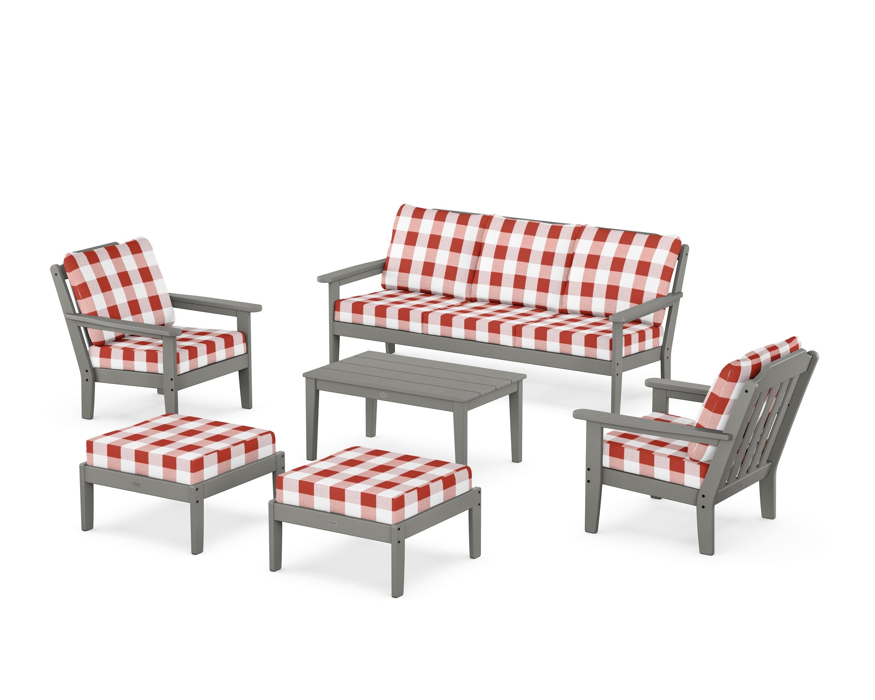 Country Living Cottage 6-Piece Lounge Sofa Set in Slate Grey / Buffalo Plaid Crimson