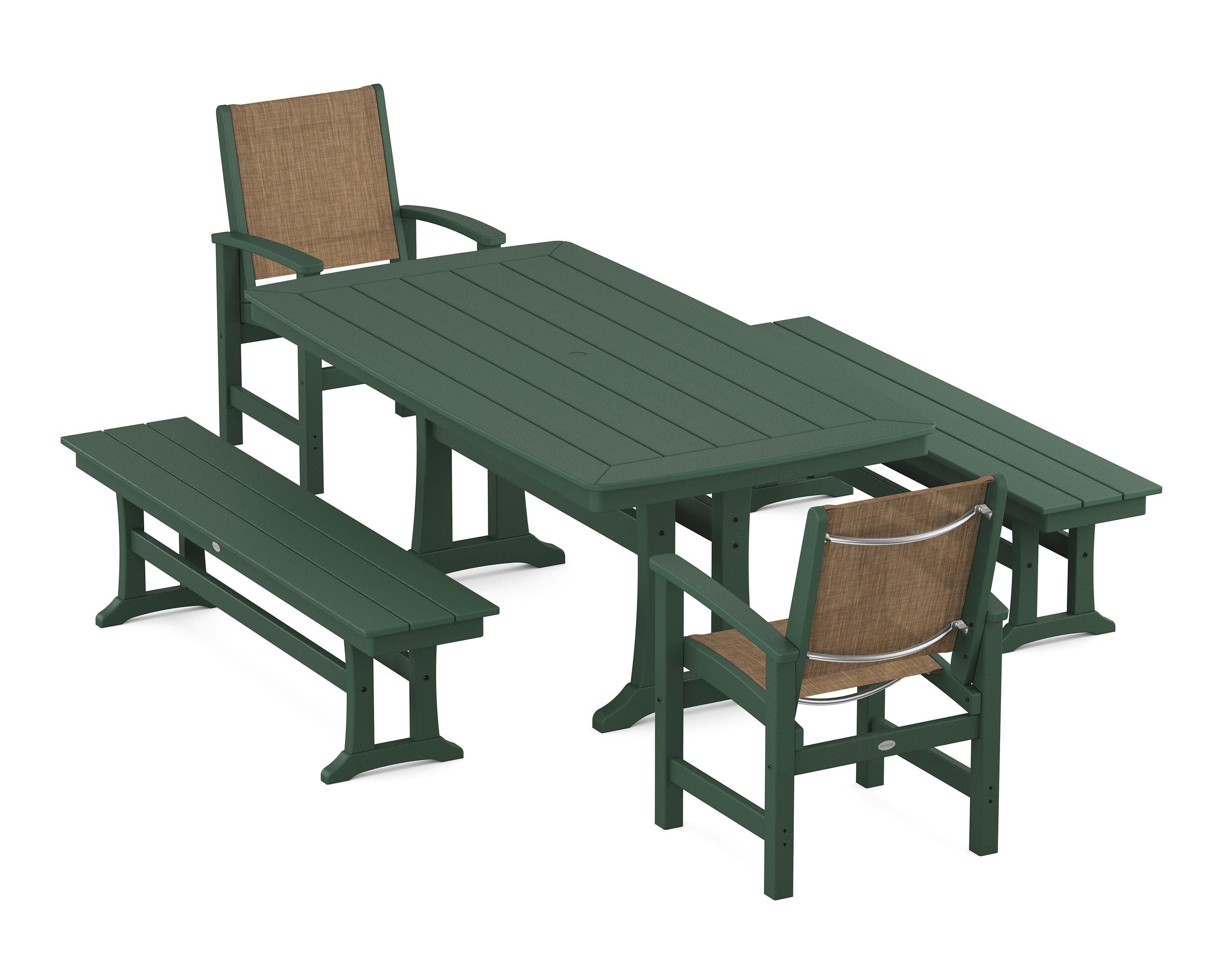 POLYWOOD® Coastal 5-Piece Dining Set with Trestle Legs and Benches in Green / Burlap Sling