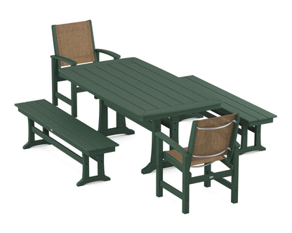 POLYWOOD® Coastal 5-Piece Dining Set with Trestle Legs and Benches in Green / Burlap Sling