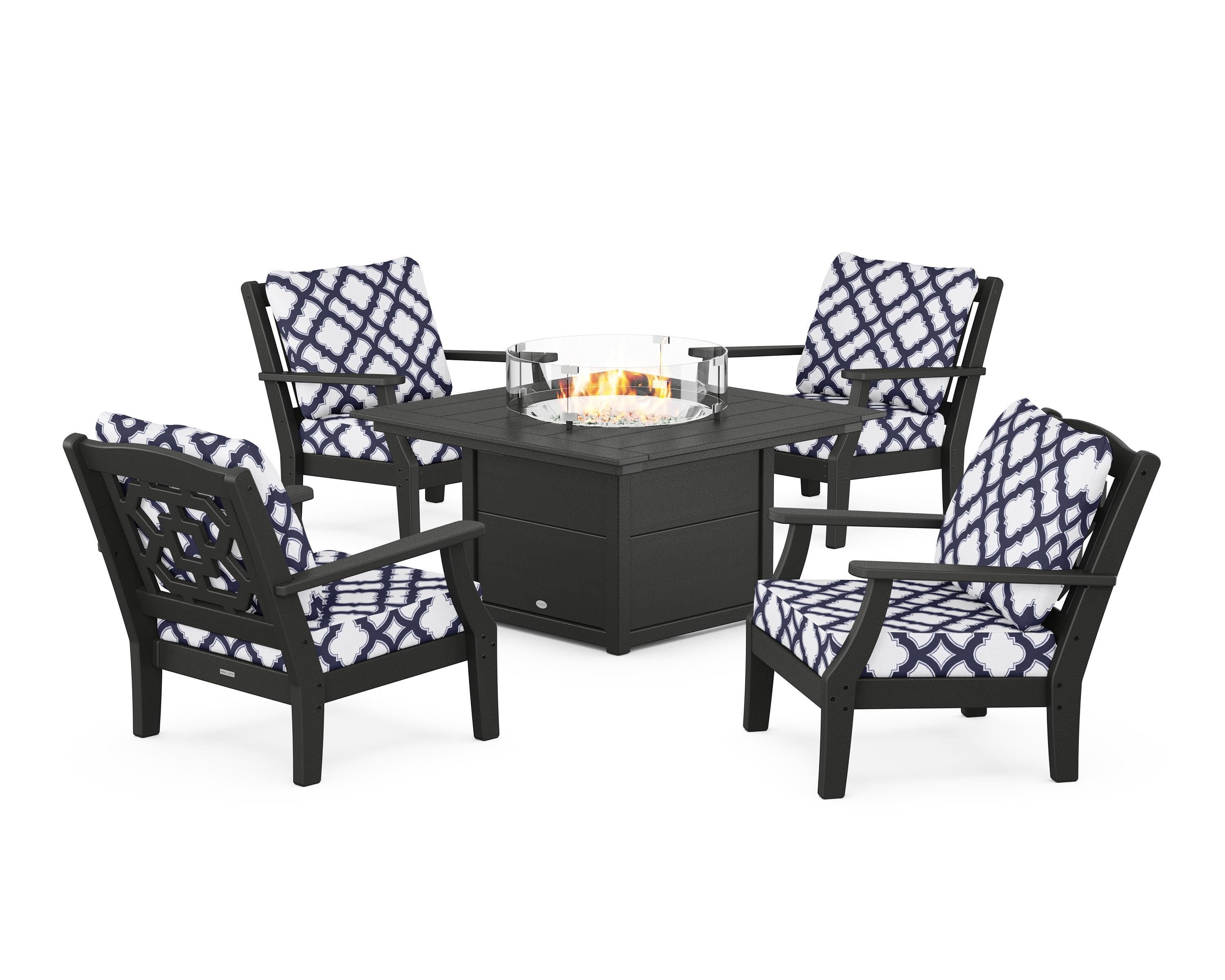 Martha Stewart by POLYWOOD® Chinoiserie 5-Piece Deep Seating Set with Fire Pit Table in Black / Trellis Navy