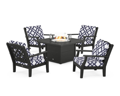 Martha Stewart by POLYWOOD® Chinoiserie 5-Piece Deep Seating Set with Fire Pit Table in Black / Trellis Navy