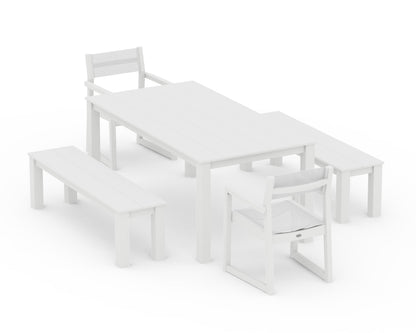 POLYWOOD® EDGE Sling Arm Chair 5-Piece Parsons Dining Set with Benches in White / White Sling