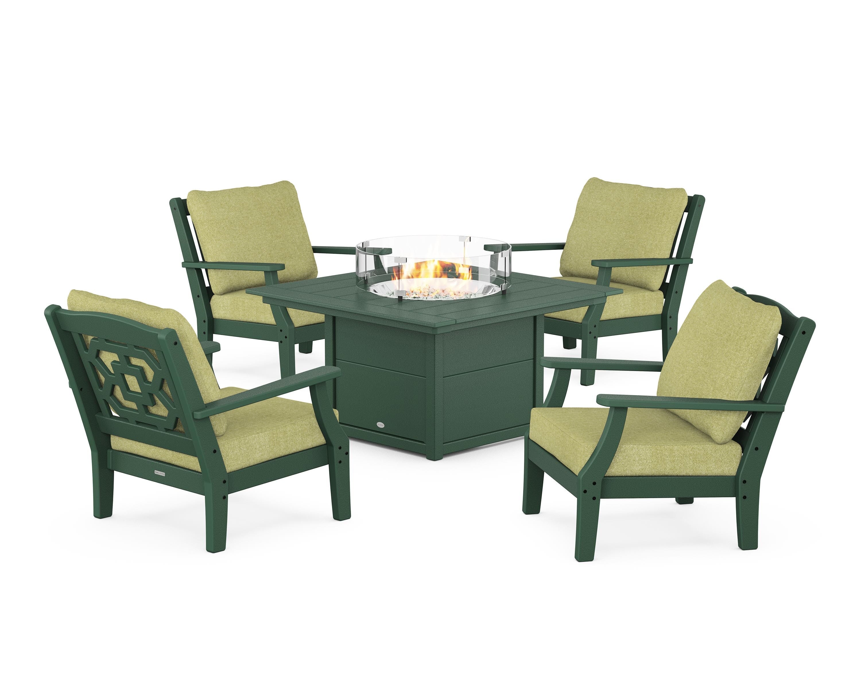 Martha Stewart by POLYWOOD® Chinoiserie 5-Piece Deep Seating Set with Fire Pit Table in Green / Chartreuse Boucle