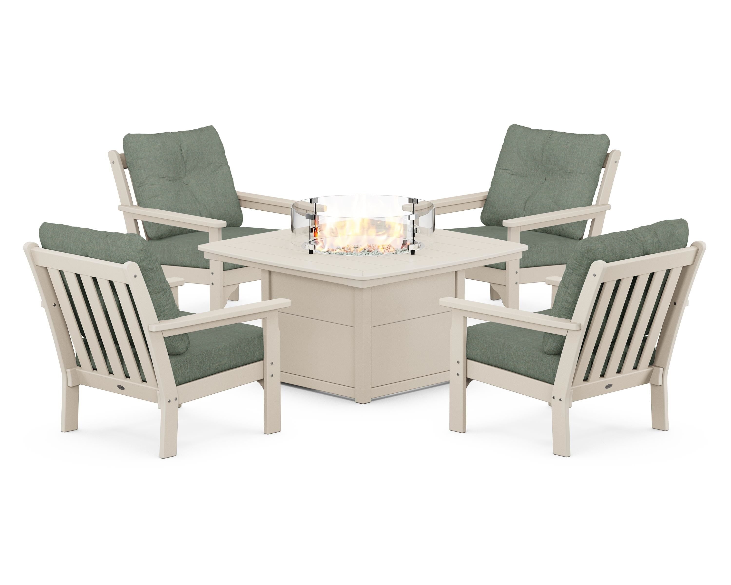 POLYWOOD® Vineyard 5-Piece Conversation Set with Fire Pit Table in Sand / Cast Sage