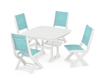 POLYWOOD® Coastal Folding Side Chair 5-Piece Dining Set in White / Dupioni Aquamarine Sling