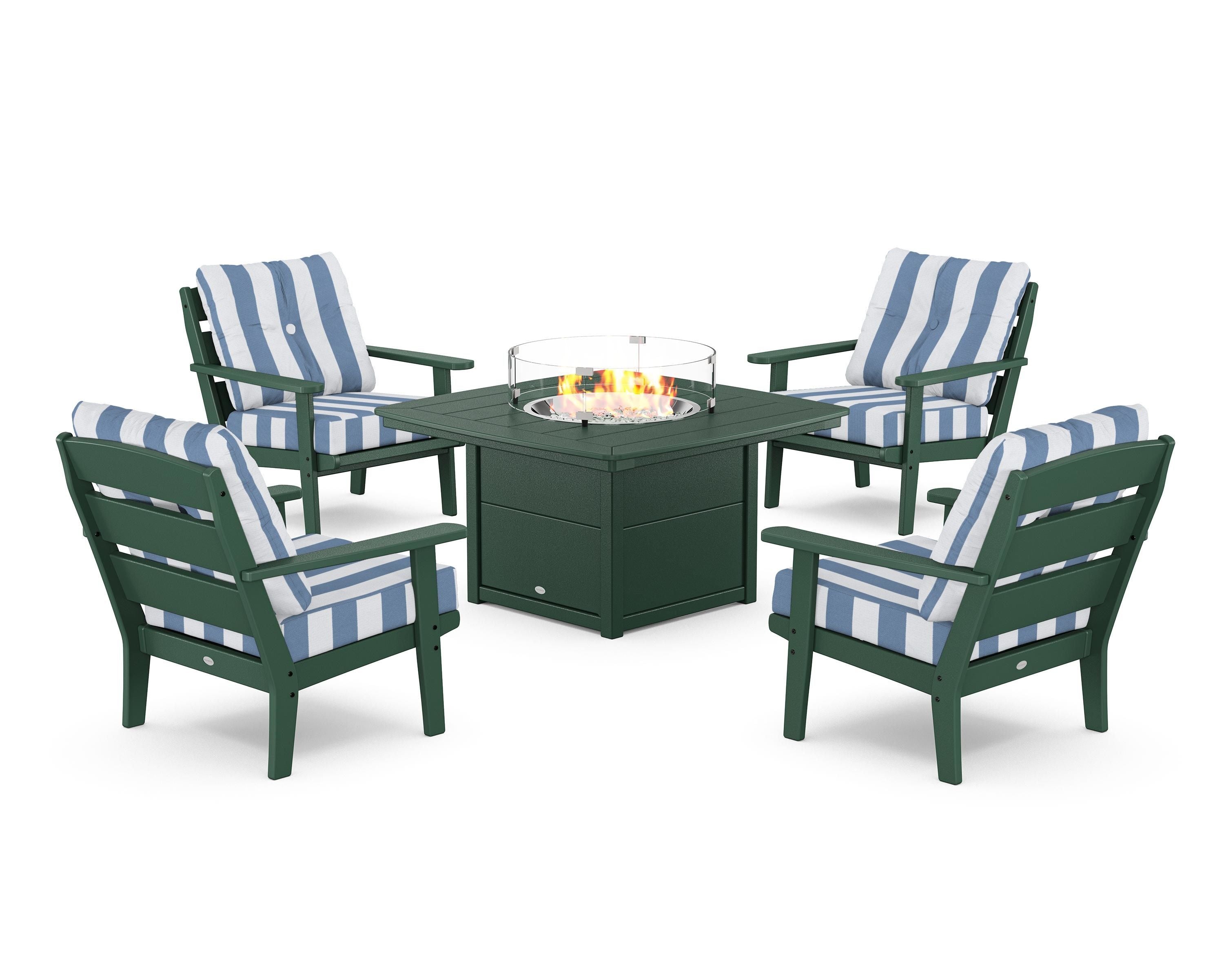 POLYWOOD® Lakeside 5-Piece Deep Seating Set with Nautical Fire Pit Table in Green / Cabana Stripe Sky Blue