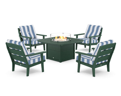 POLYWOOD® Lakeside 5-Piece Deep Seating Set with Nautical Fire Pit Table in Green / Cabana Stripe Sky Blue