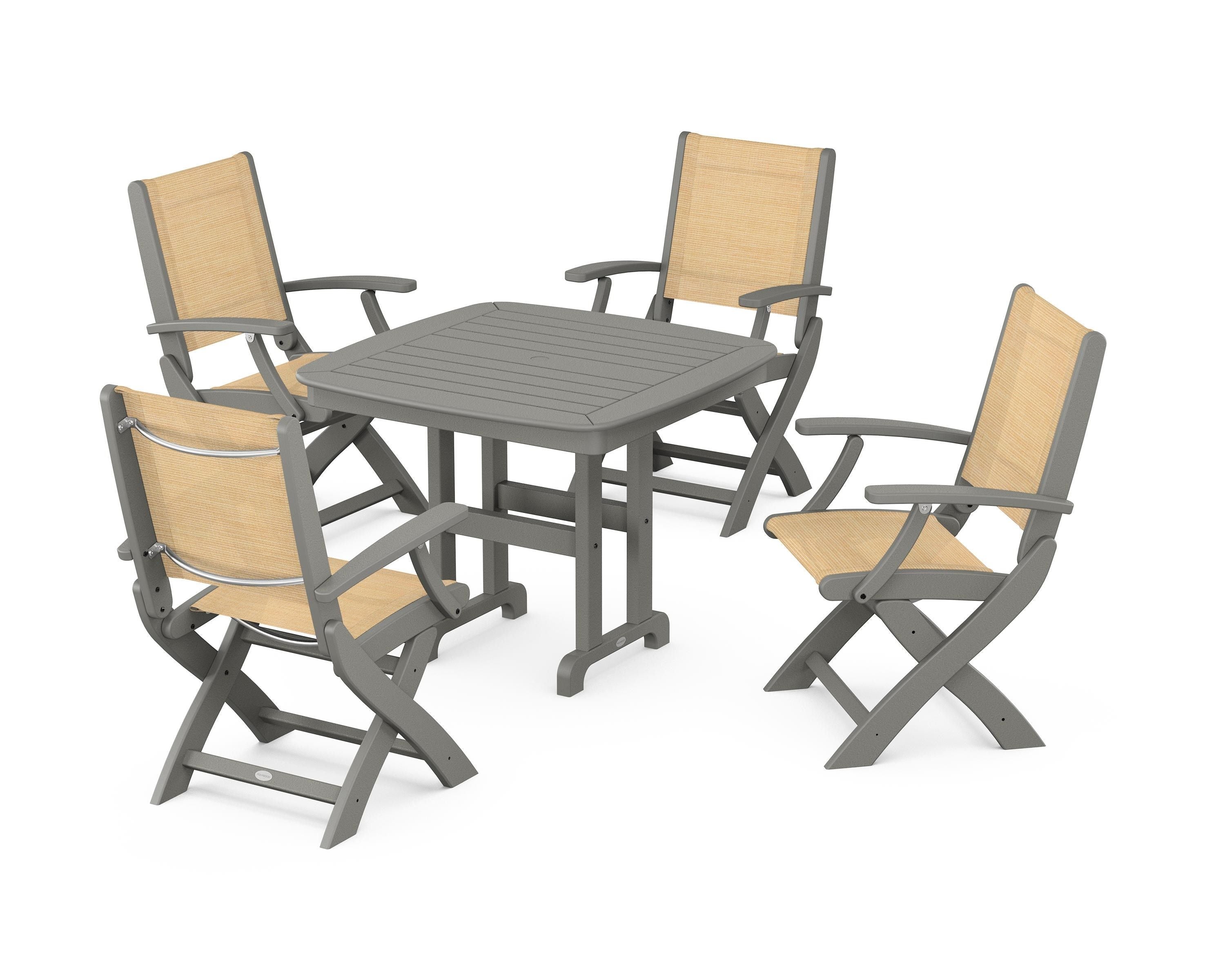 POLYWOOD® Coastal Folding Chair 5-Piece Dining Set in Slate Grey / Dupioni Apricot Sling