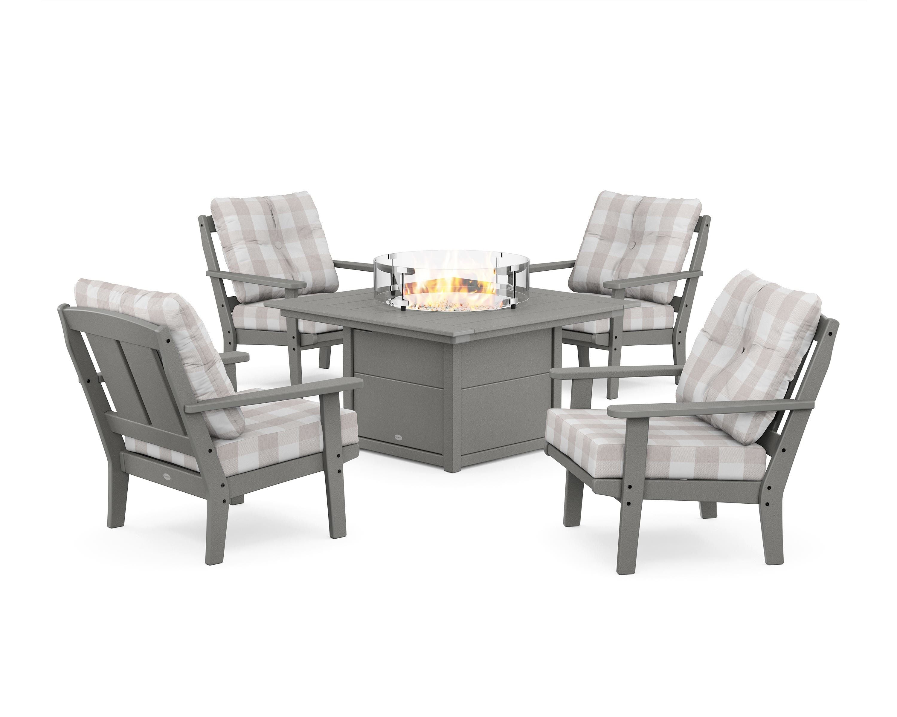 POLYWOOD® Mission 5-Piece Deep Seating Set with Fire Pit Table in Slate Grey / Buffalo Plaid Dune Burlap