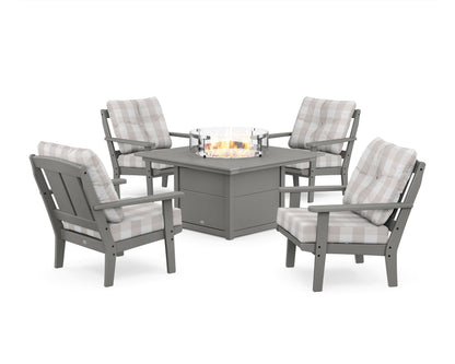 POLYWOOD® Mission 5-Piece Deep Seating Set with Fire Pit Table in Slate Grey / Buffalo Plaid Dune Burlap