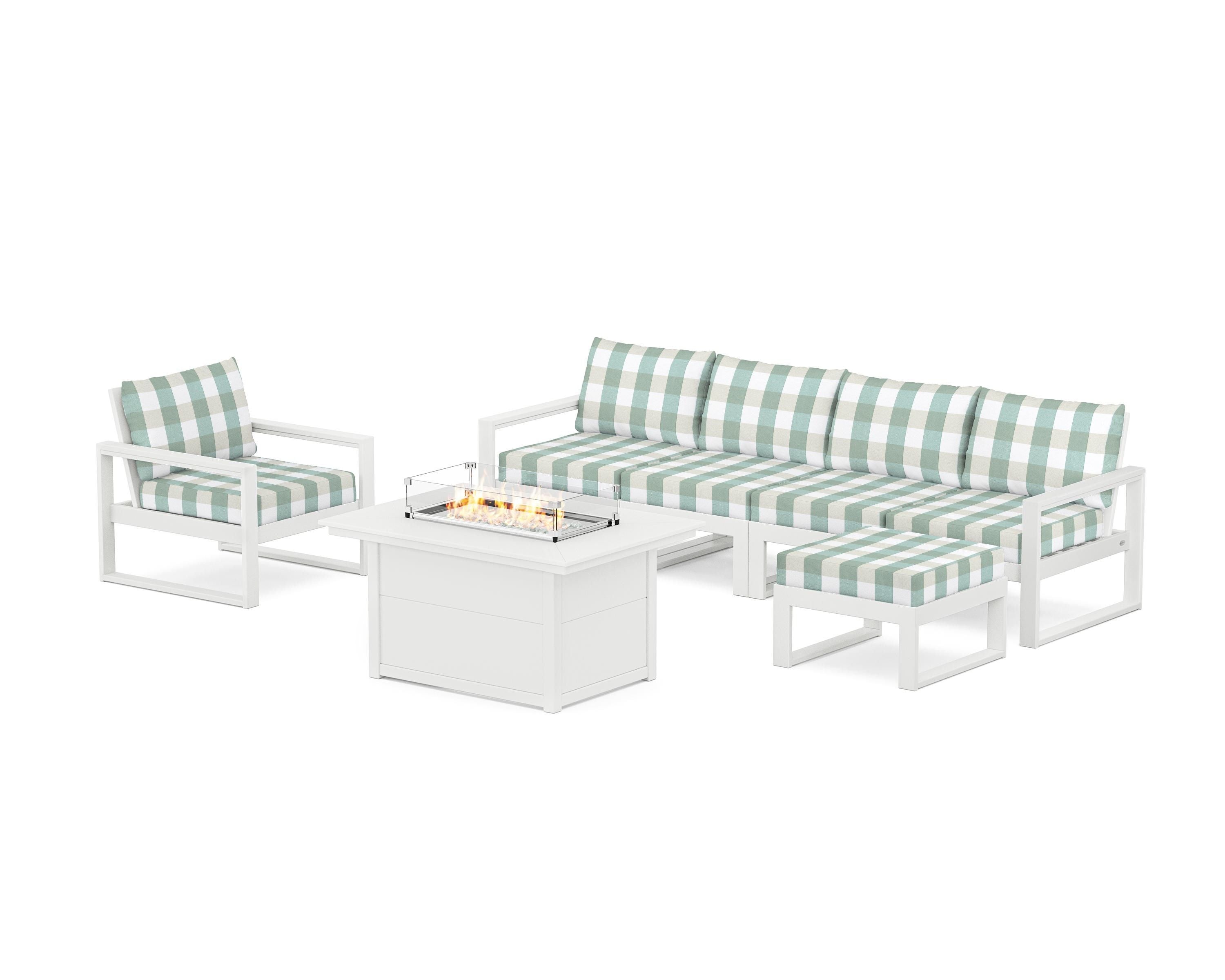 POLYWOOD® EDGE Sectional Lounge and Fire Pit Set in White / Buffalo Plaid Glacier Spa