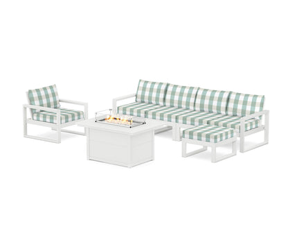 POLYWOOD® EDGE Sectional Lounge and Fire Pit Set in White / Buffalo Plaid Glacier Spa